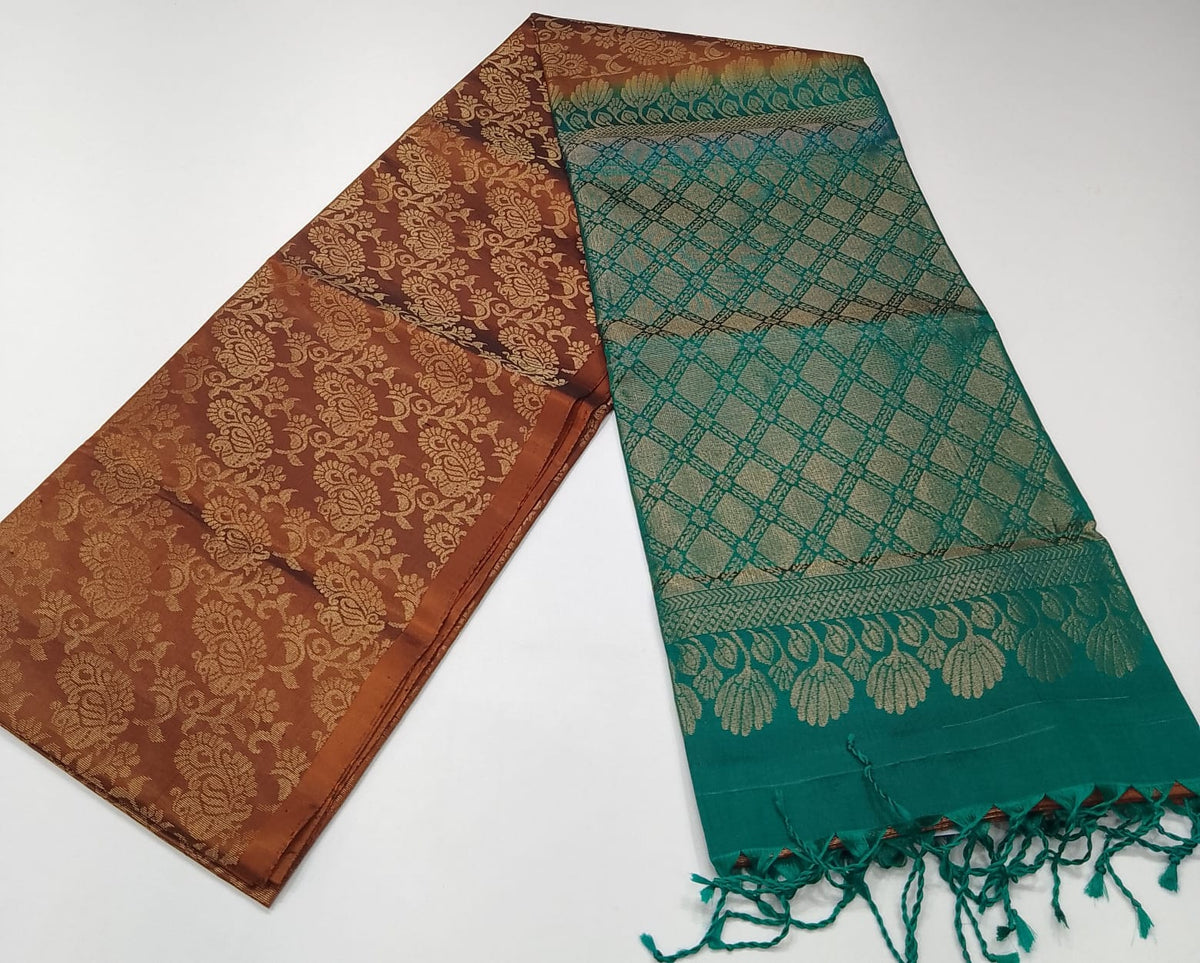 Pure Handloom Soft Silk Borderless Saree in Copper Brown & Turquoise Blue