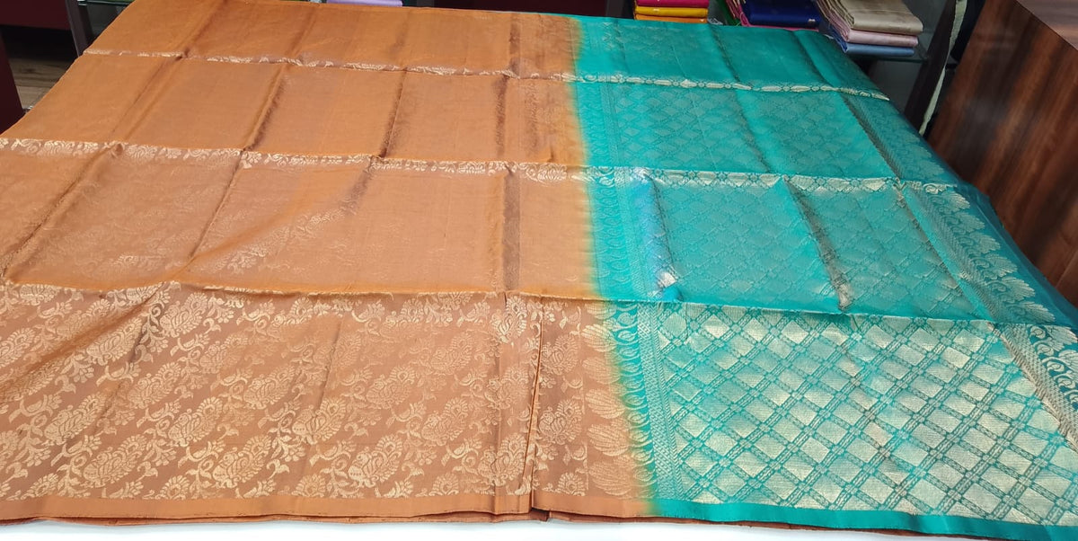 Pure Handloom Soft Silk Borderless Saree in Copper Brown & Turquoise Blue