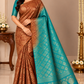 Pure Handloom Soft Silk Borderless Saree in Copper Brown & Turquoise Blue