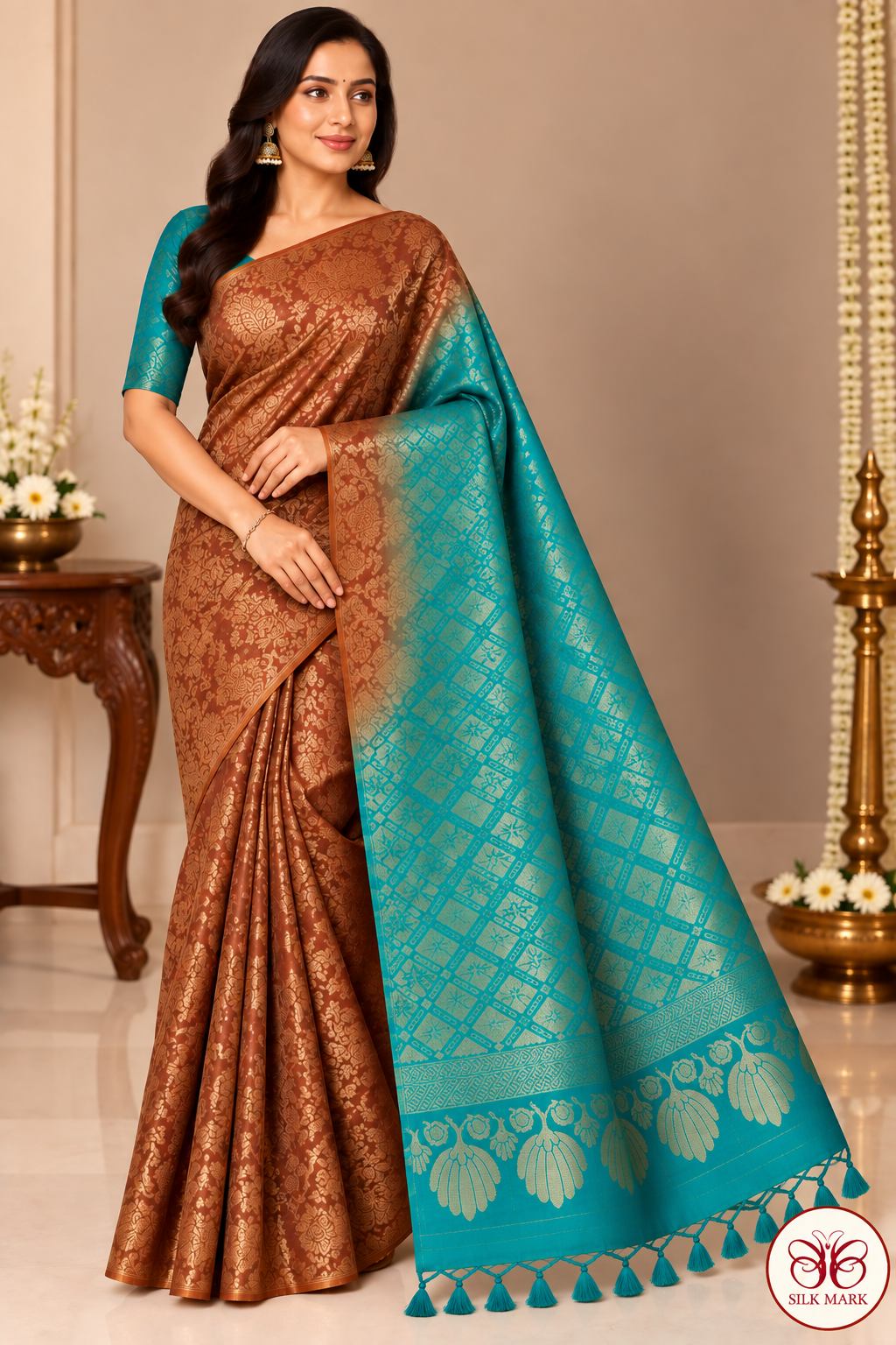 Pure Handloom Soft Silk Borderless Saree in Copper Brown & Turquoise Blue