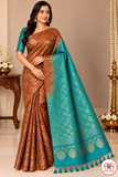 Pure Handloom Soft Silk Borderless Saree in Copper Brown & Turquoise Blue