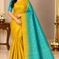 Pure Handloom Soft Silk Borderless Saree in Mustard Yellow & Turquoise Blue