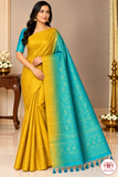 Pure Handloom Soft Silk Borderless Saree in Mustard Yellow & Turquoise Blue