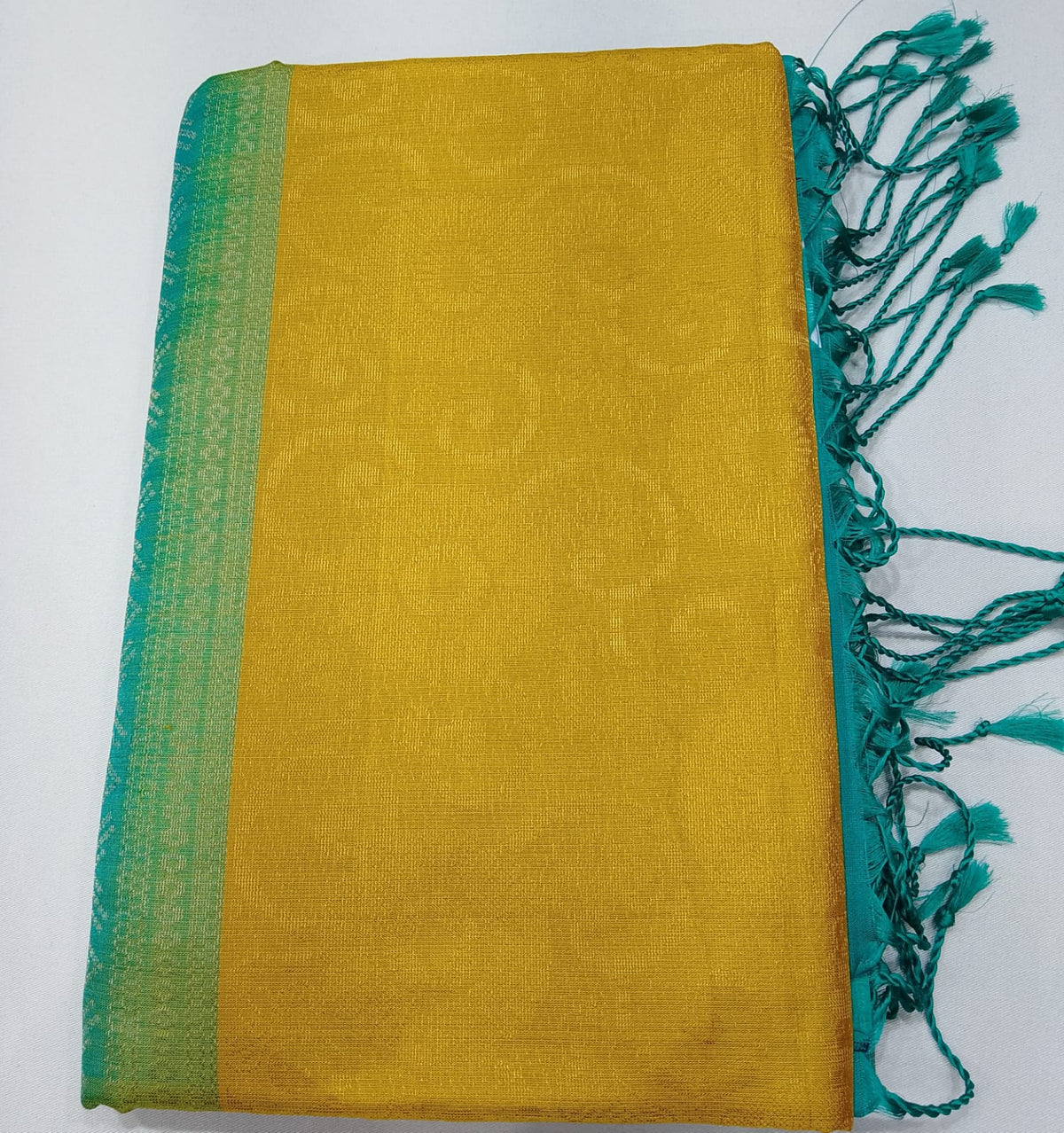 Pure Handloom Soft Silk Borderless Saree in Mustard Yellow & Turquoise Blue