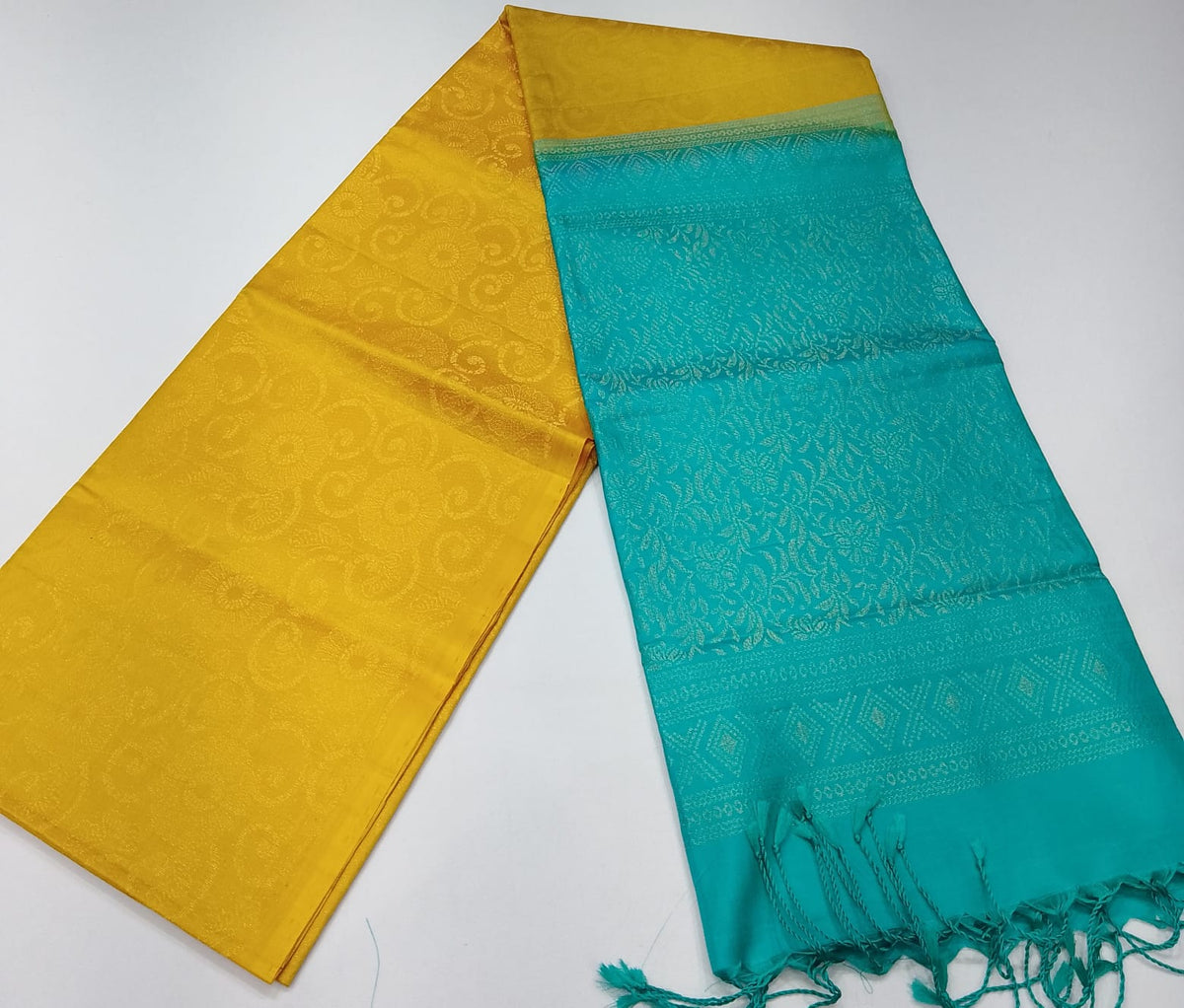 Pure Handloom Soft Silk Borderless Saree in Mustard Yellow & Turquoise Blue
