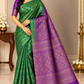 Pure Handloom Soft Silk Emerald Green & Purple Saree with Antique Gold Floral Zari