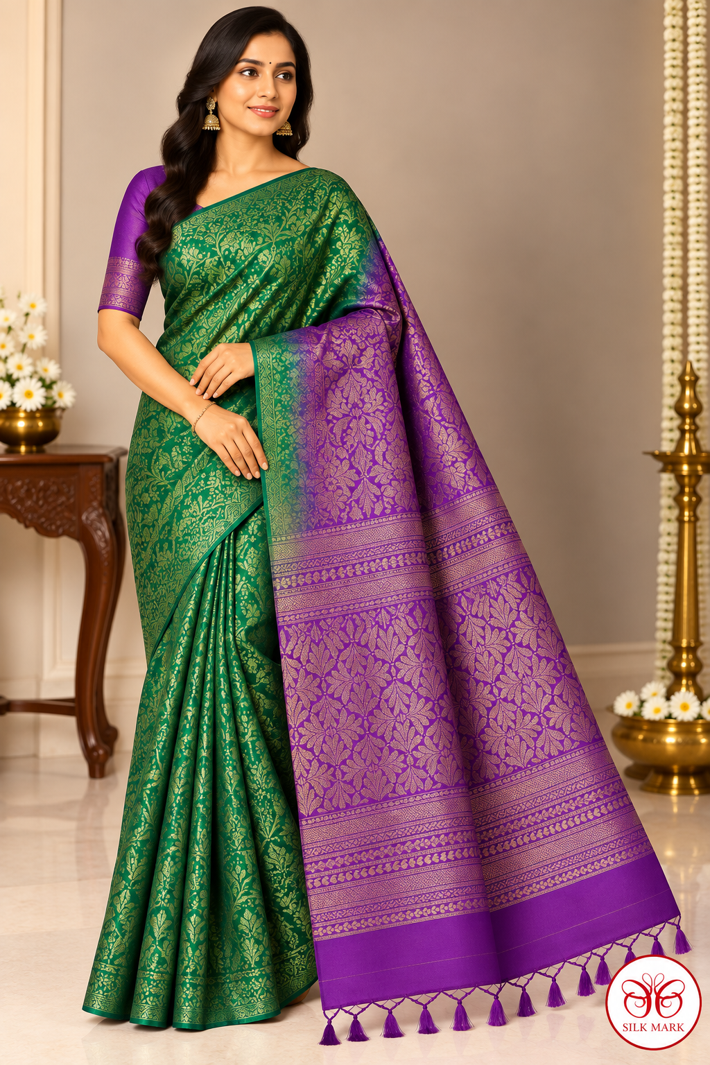 Pure Handloom Soft Silk Emerald Green & Purple Saree with Antique Gold Floral Zari
