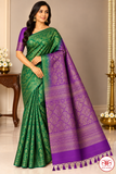 Pure Handloom Soft Silk Emerald Green & Purple Saree with Antique Gold Floral Zari