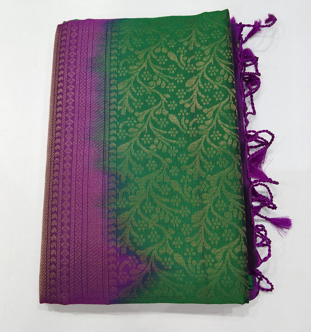Pure Handloom Soft Silk Emerald Green & Purple Saree with Antique Gold Floral Zari