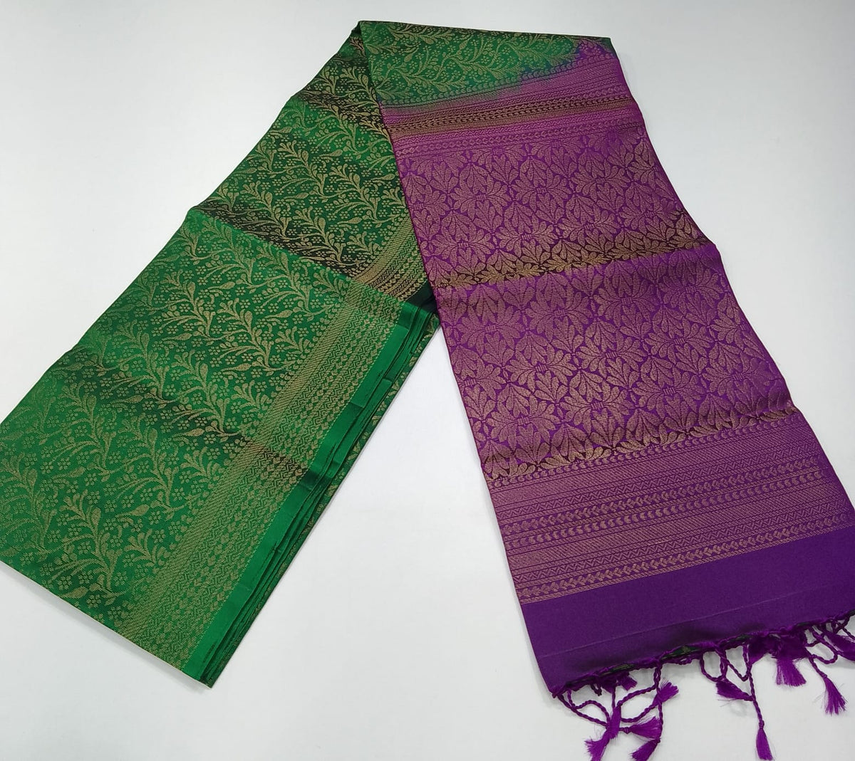 Pure Handloom Soft Silk Emerald Green & Purple Saree with Antique Gold Floral Zari
