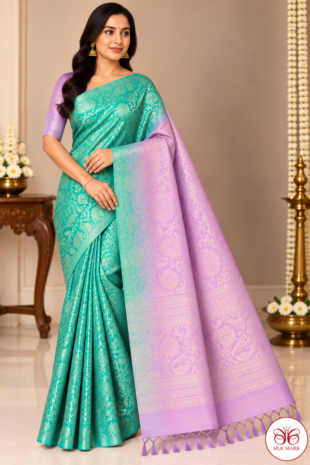 Pure Handloom Soft Silk Borderless Saree in Aqua Turquoise & Lavender Pink