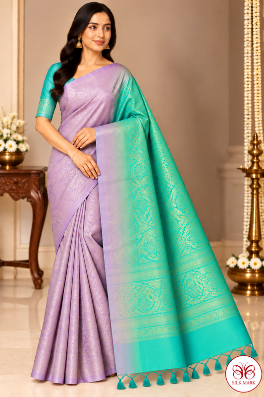 Pure Handloom Soft Silk Pastel Lavender & Turquoise Blue-Green Saree