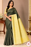 Pure Handloom Soft Silk Deep Forest Green & Golden Yellow Borderless Saree