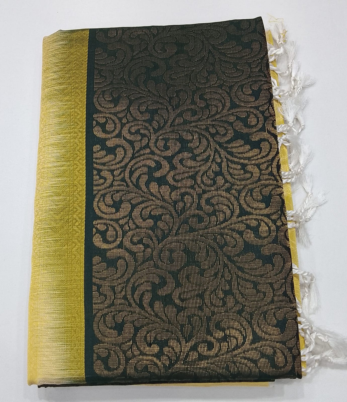 Pure Handloom Soft Silk Deep Forest Green & Golden Yellow Borderless Saree