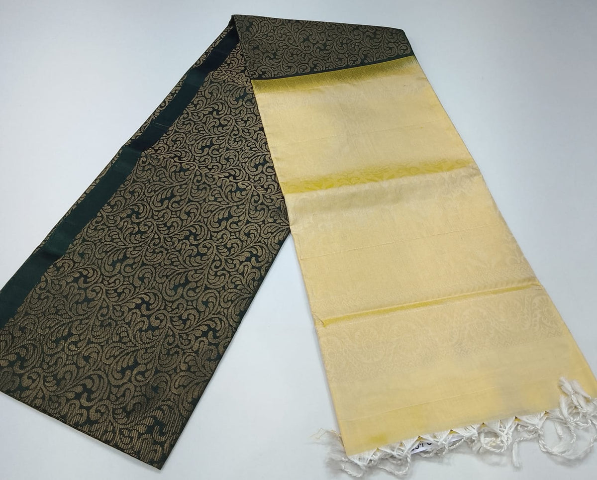 Pure Handloom Soft Silk Deep Forest Green & Golden Yellow Borderless Saree