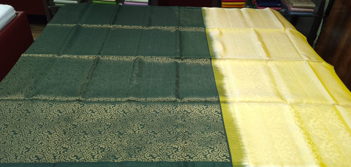 Pure Handloom Soft Silk Deep Forest Green & Golden Yellow Borderless Saree