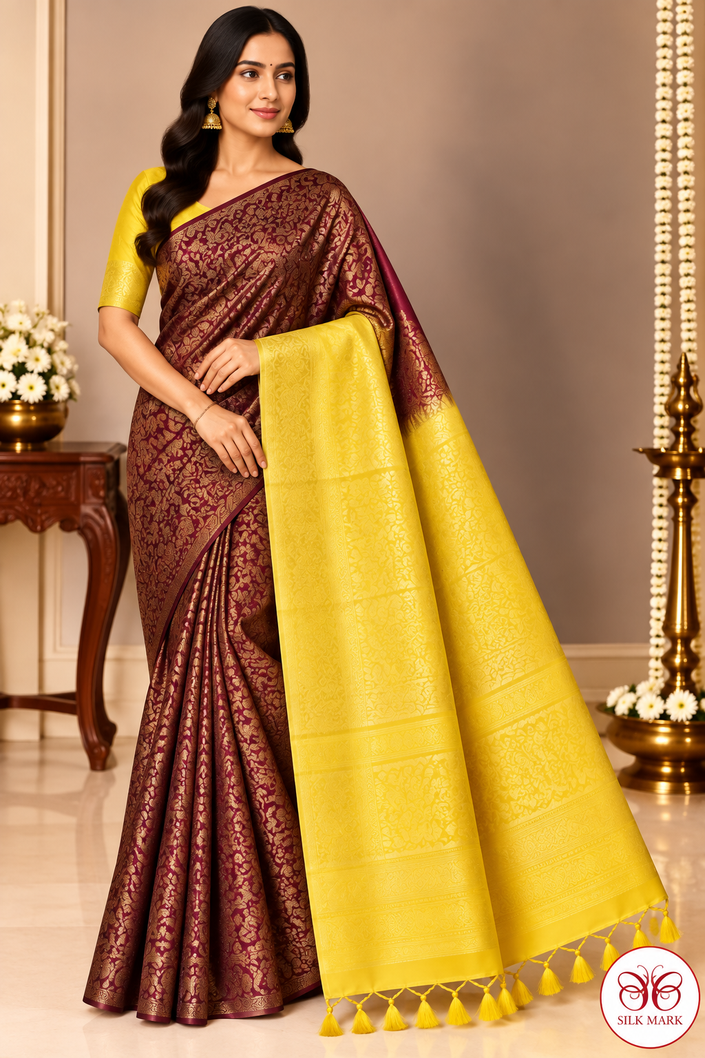 Pure Handloom Soft Silk Deep Wine Maroon & Turmeric Yellow Borderless Saree