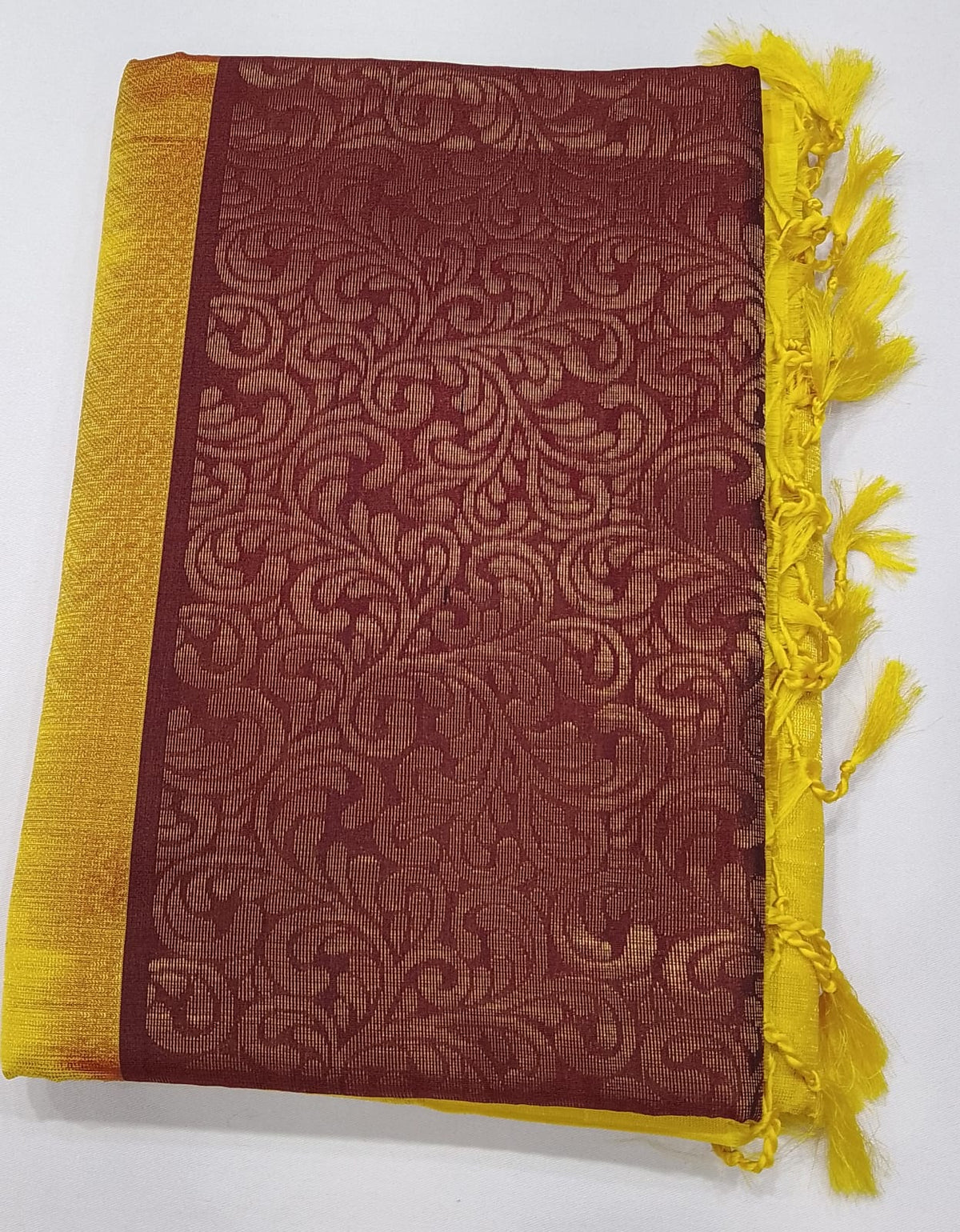 Pure Handloom Soft Silk Deep Wine Maroon & Turmeric Yellow Borderless Saree