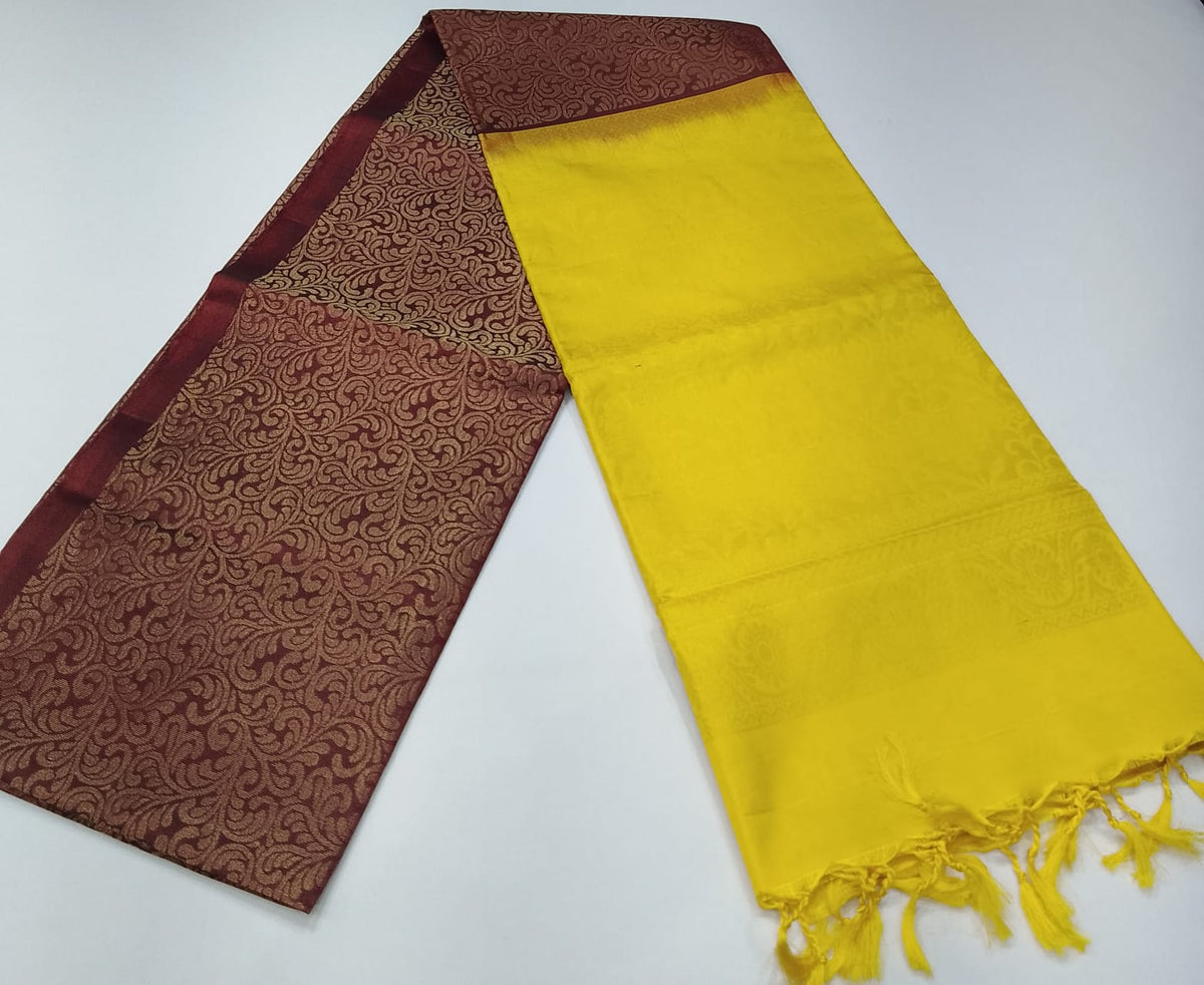 Pure Handloom Soft Silk Deep Wine Maroon & Turmeric Yellow Borderless Saree