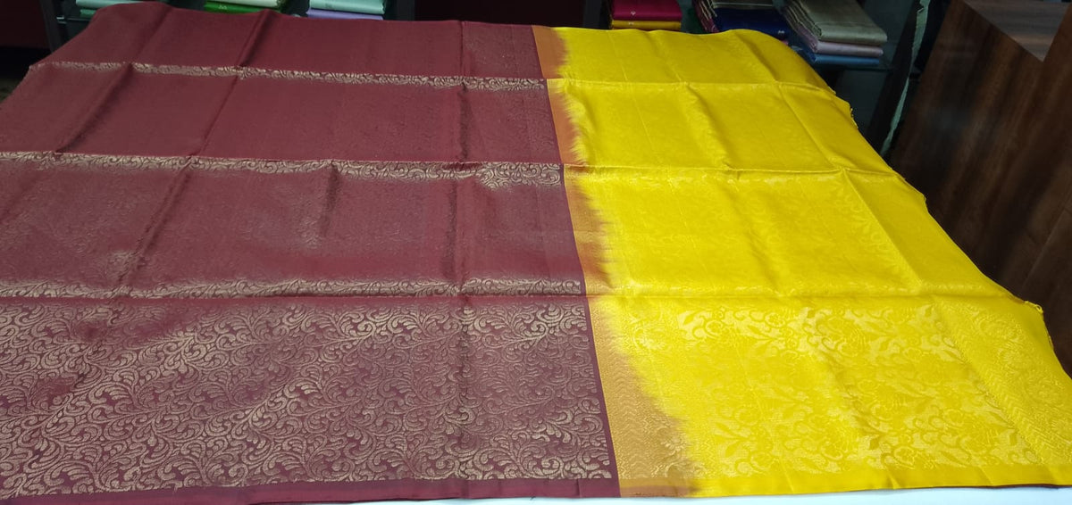 Pure Handloom Soft Silk Deep Wine Maroon & Turmeric Yellow Borderless Saree