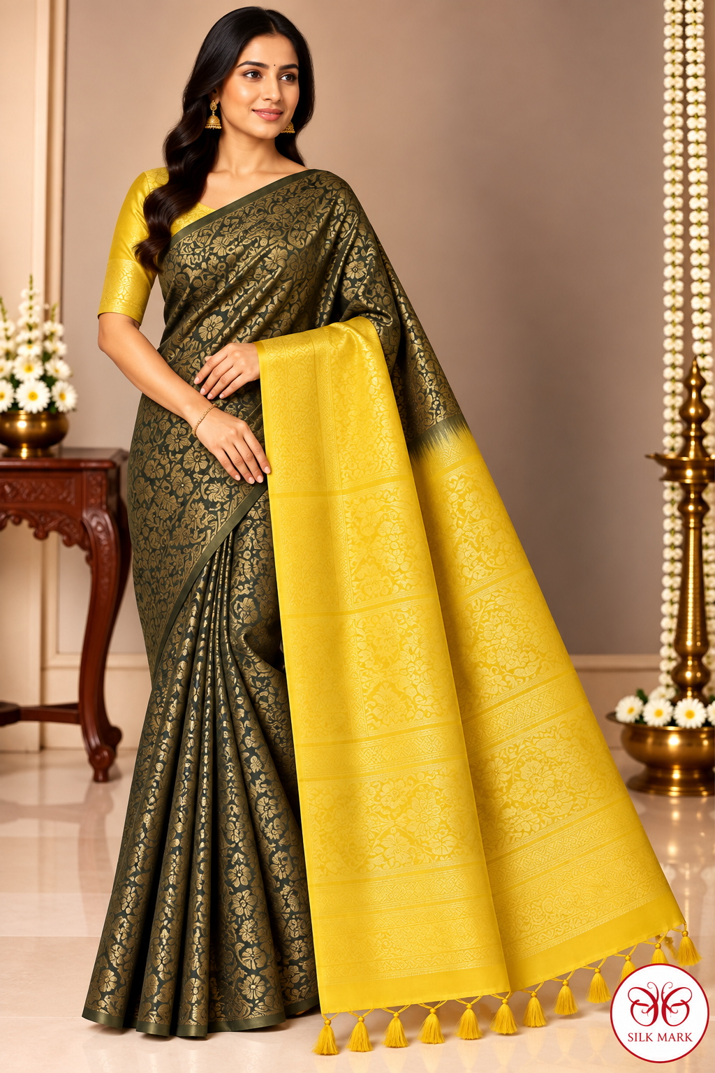 Pure Handloom Soft Silk Saree – Deep Olive Green & Mustard Yellow with Antique Gold Floral Paisley Weave