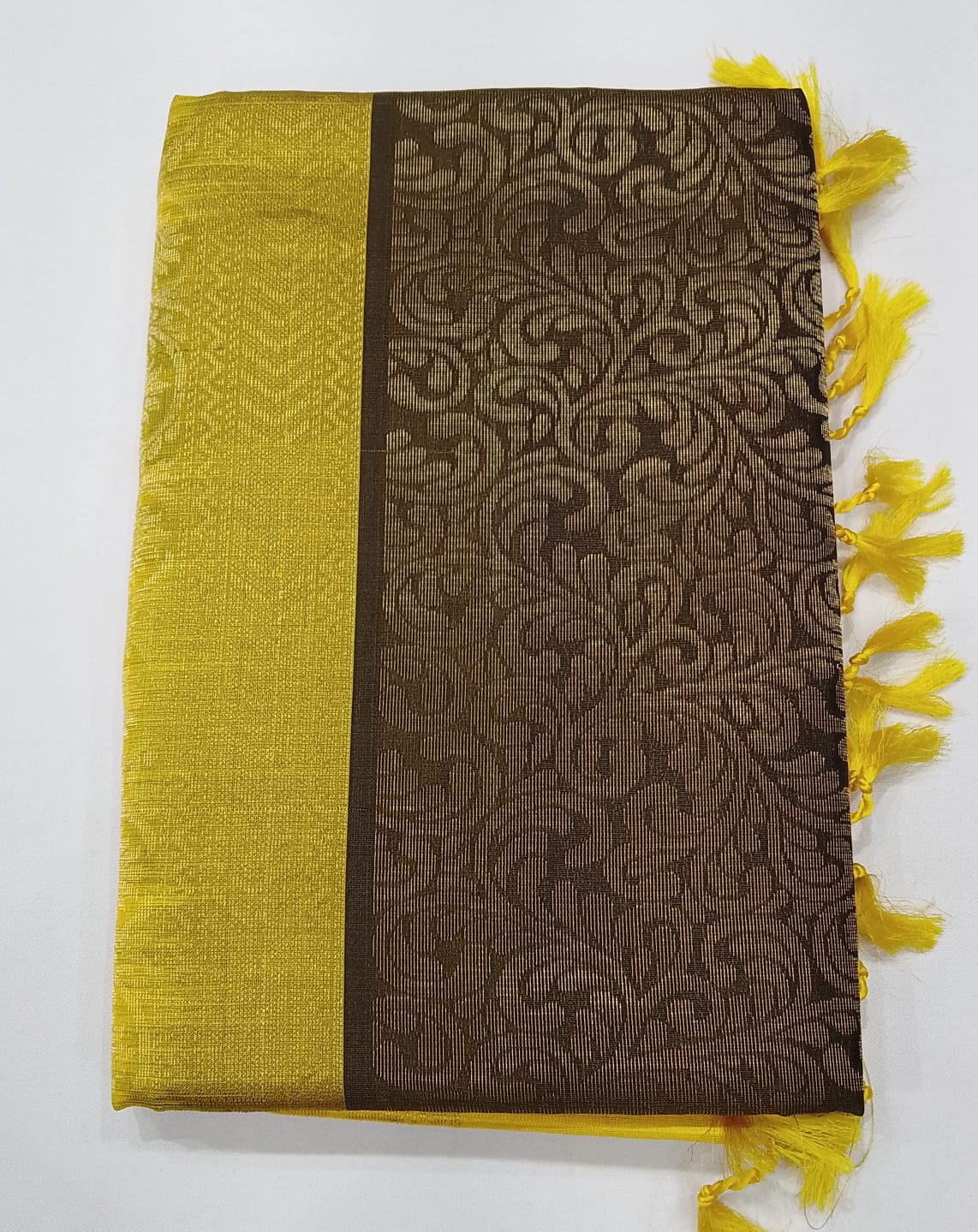 Pure Handloom Soft Silk Saree – Deep Olive Green & Mustard Yellow with Antique Gold Floral Paisley Weave