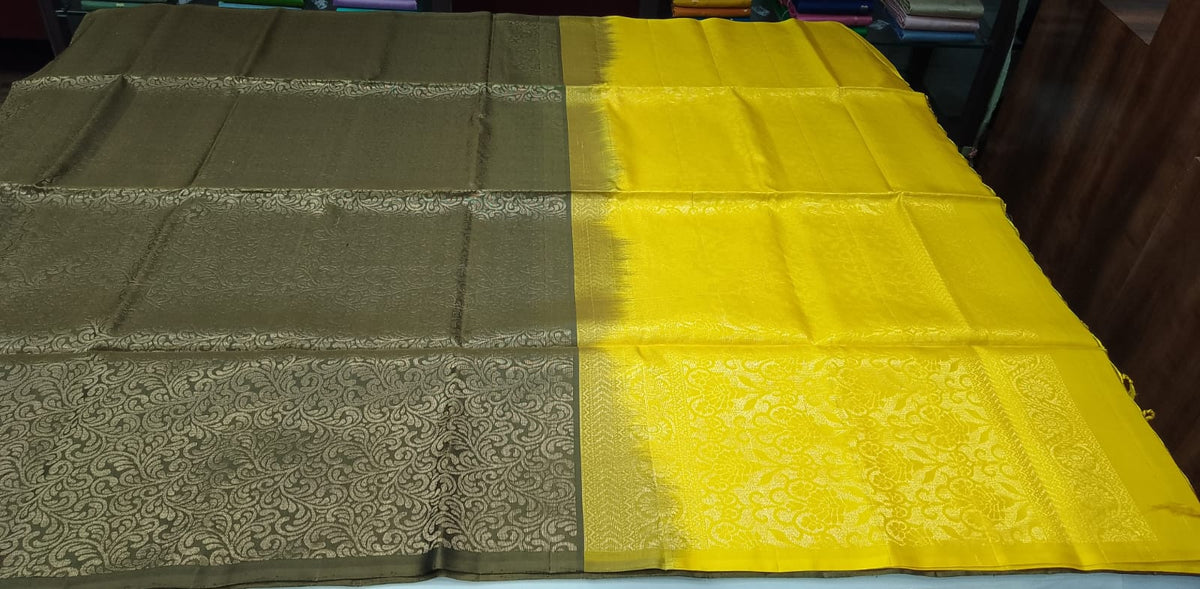 Pure Handloom Soft Silk Saree – Deep Olive Green & Mustard Yellow with Antique Gold Floral Paisley Weave