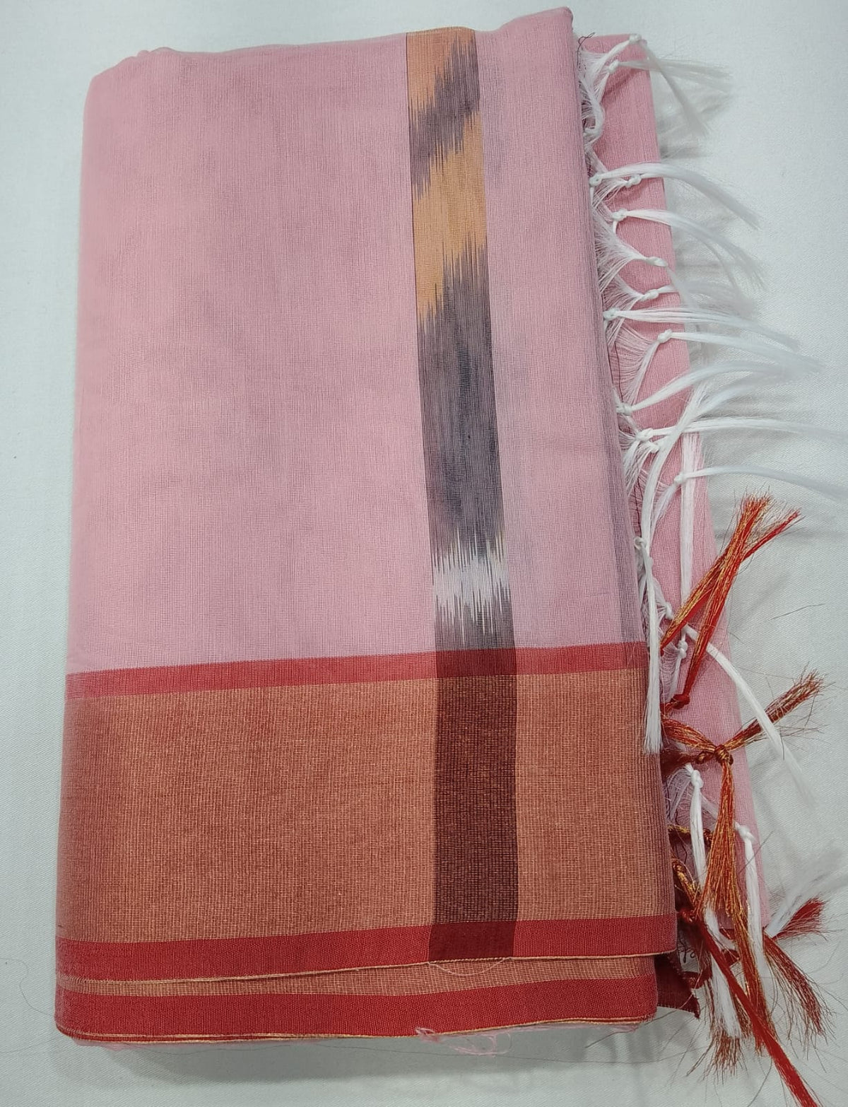 Blush Pink Cotton Silk Pochampally Saree with Charcoal Grey Ikat Pallu