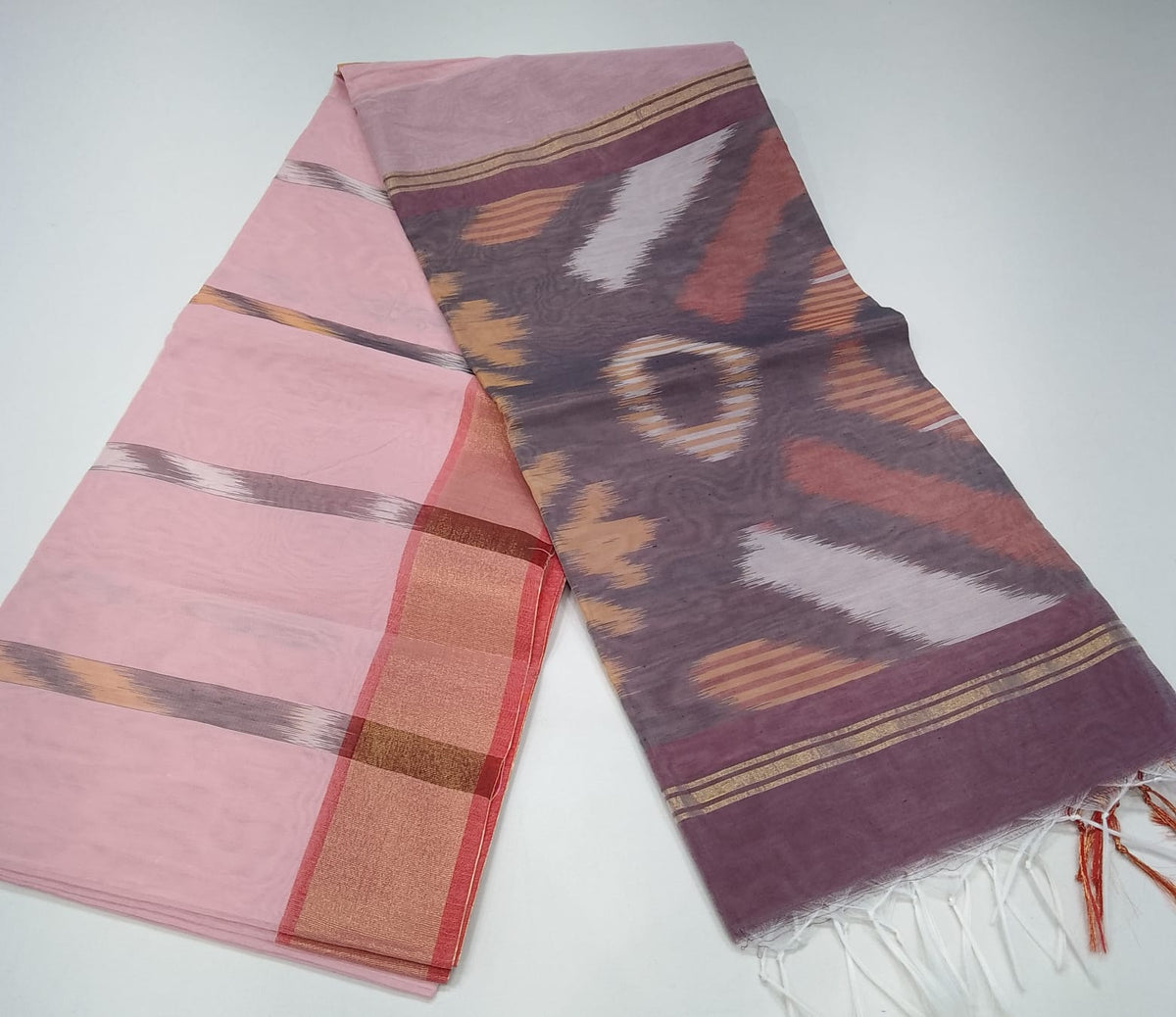Blush Pink Cotton Silk Pochampally Saree with Charcoal Grey Ikat Pallu