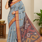 Dusty Steel Blue Cotton Silk Pochampally Saree with Mauve Ikat Pallu