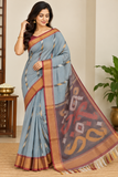 Dusty Steel Blue Cotton Silk Pochampally Saree with Mauve Ikat Pallu