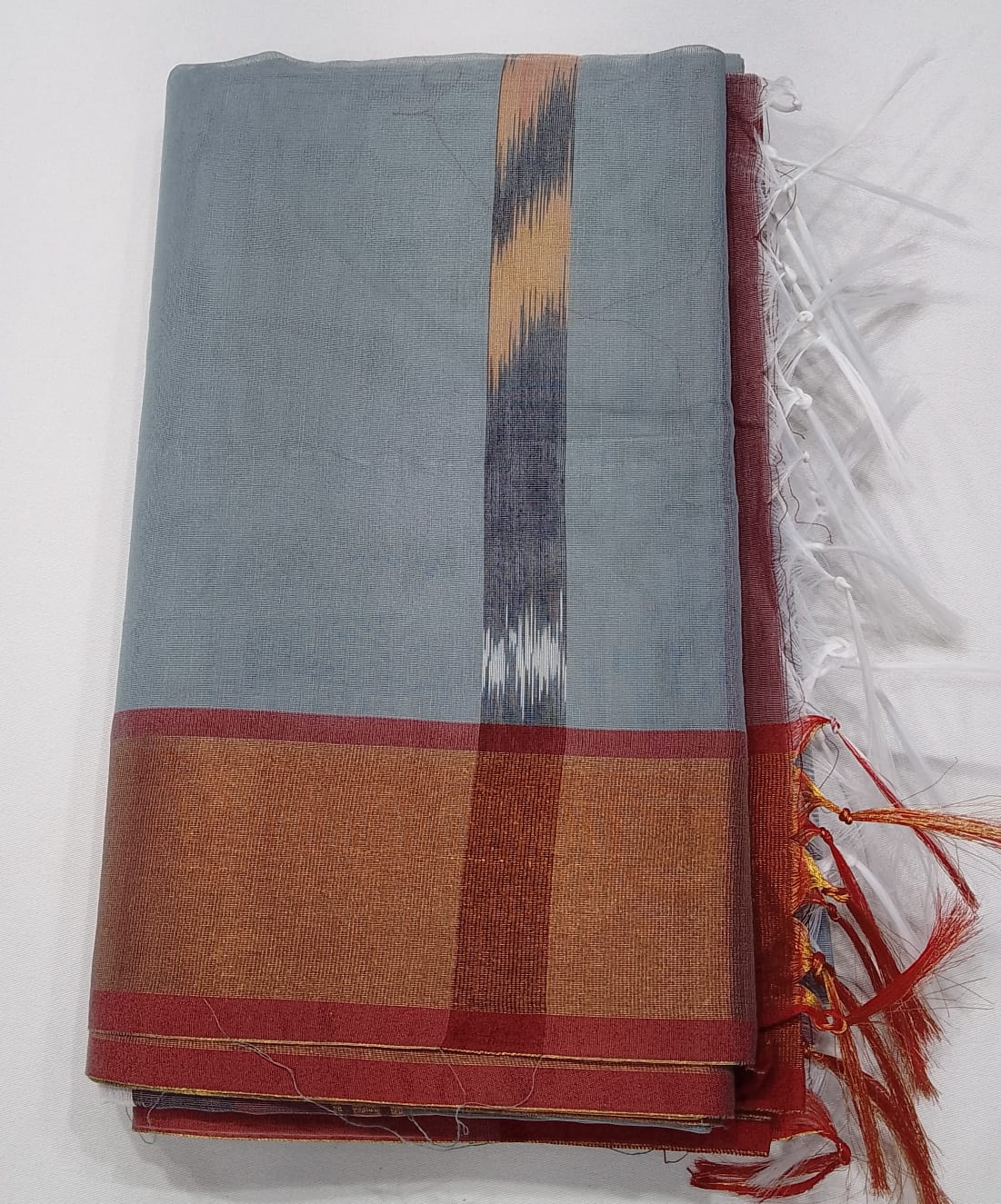 Dusty Steel Blue Cotton Silk Pochampally Saree with Mauve Ikat Pallu