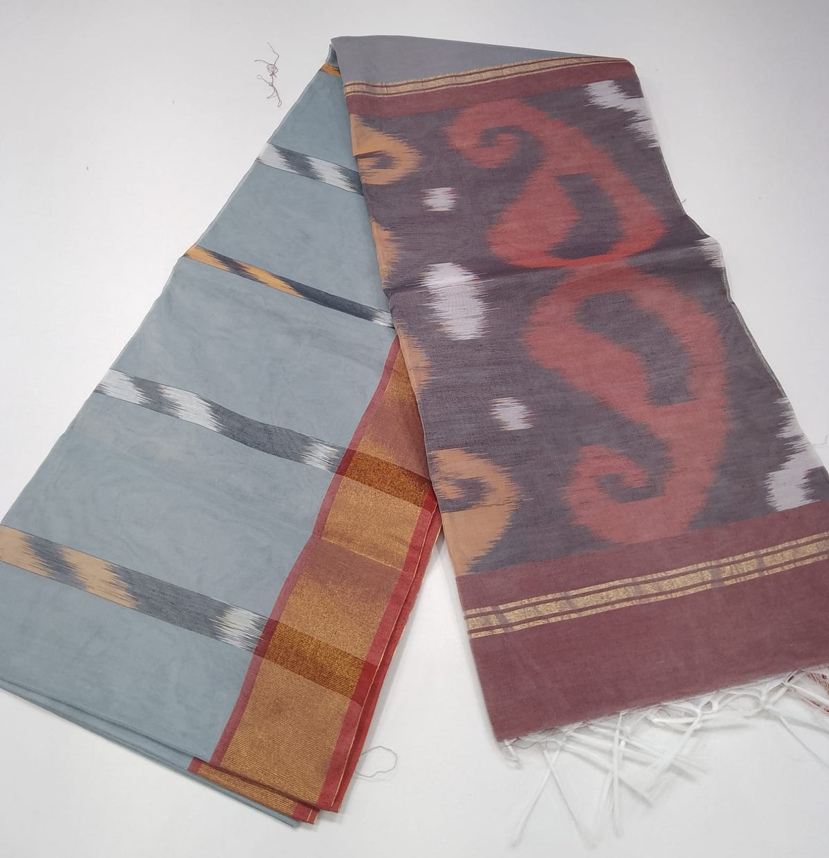 Dusty Steel Blue Cotton Silk Pochampally Saree with Mauve Ikat Pallu