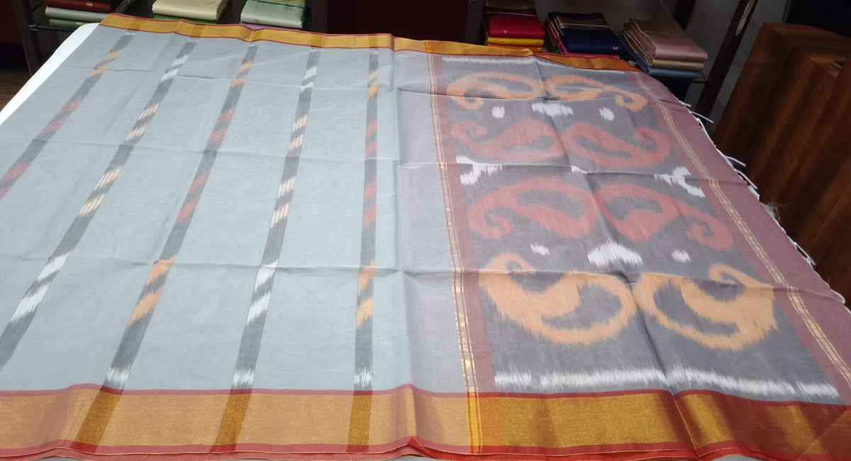 Dusty Steel Blue Cotton Silk Pochampally Saree with Mauve Ikat Pallu