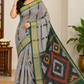 Stone Grey with Deep Green Cotton Silk Pochampally Saree with Charcoal Ikat Pallu