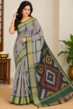 Stone Grey with Deep Green Cotton Silk Pochampally Saree with Charcoal Ikat Pallu