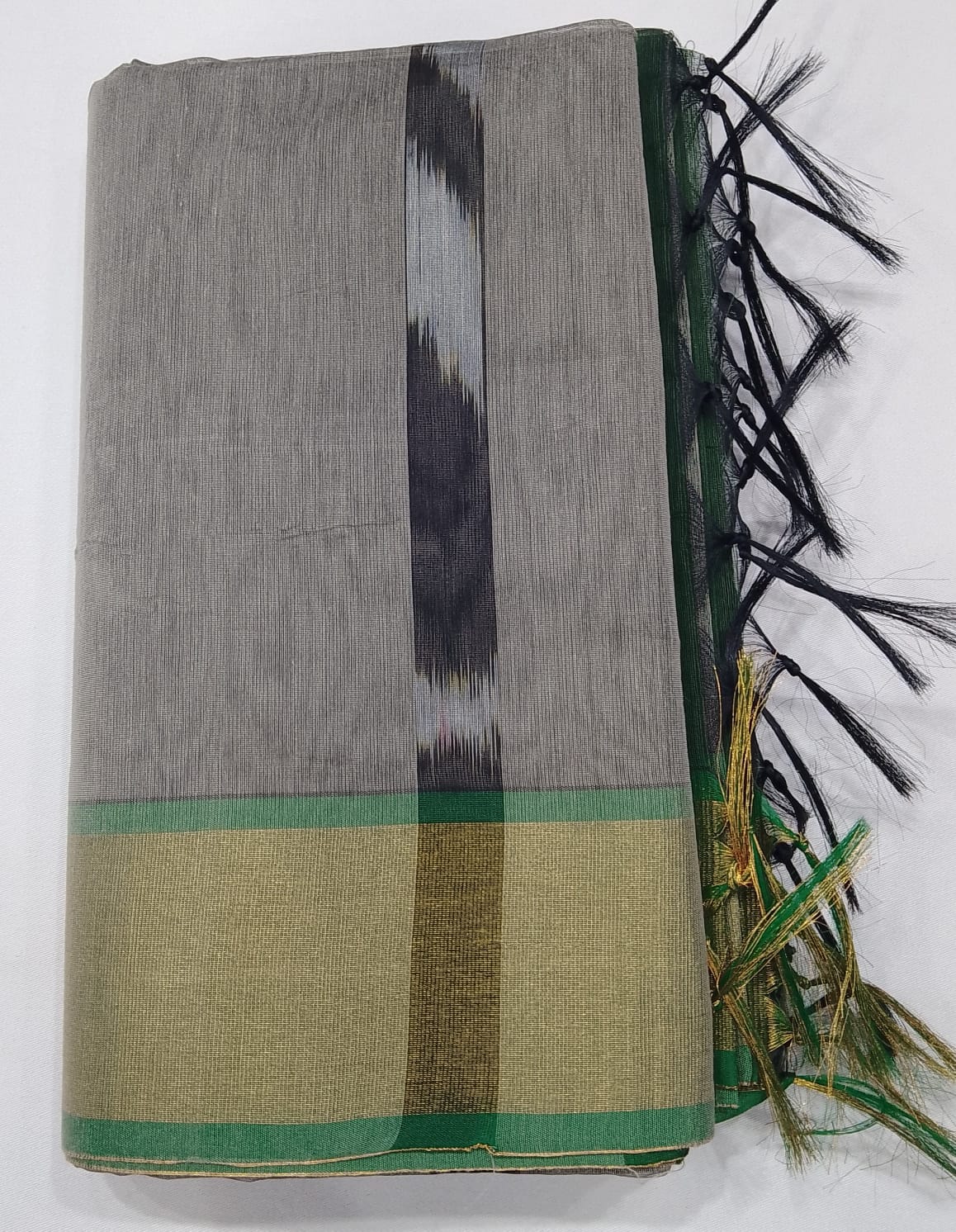 Stone Grey with Deep Green Cotton Silk Pochampally Saree with Charcoal Ikat Pallu