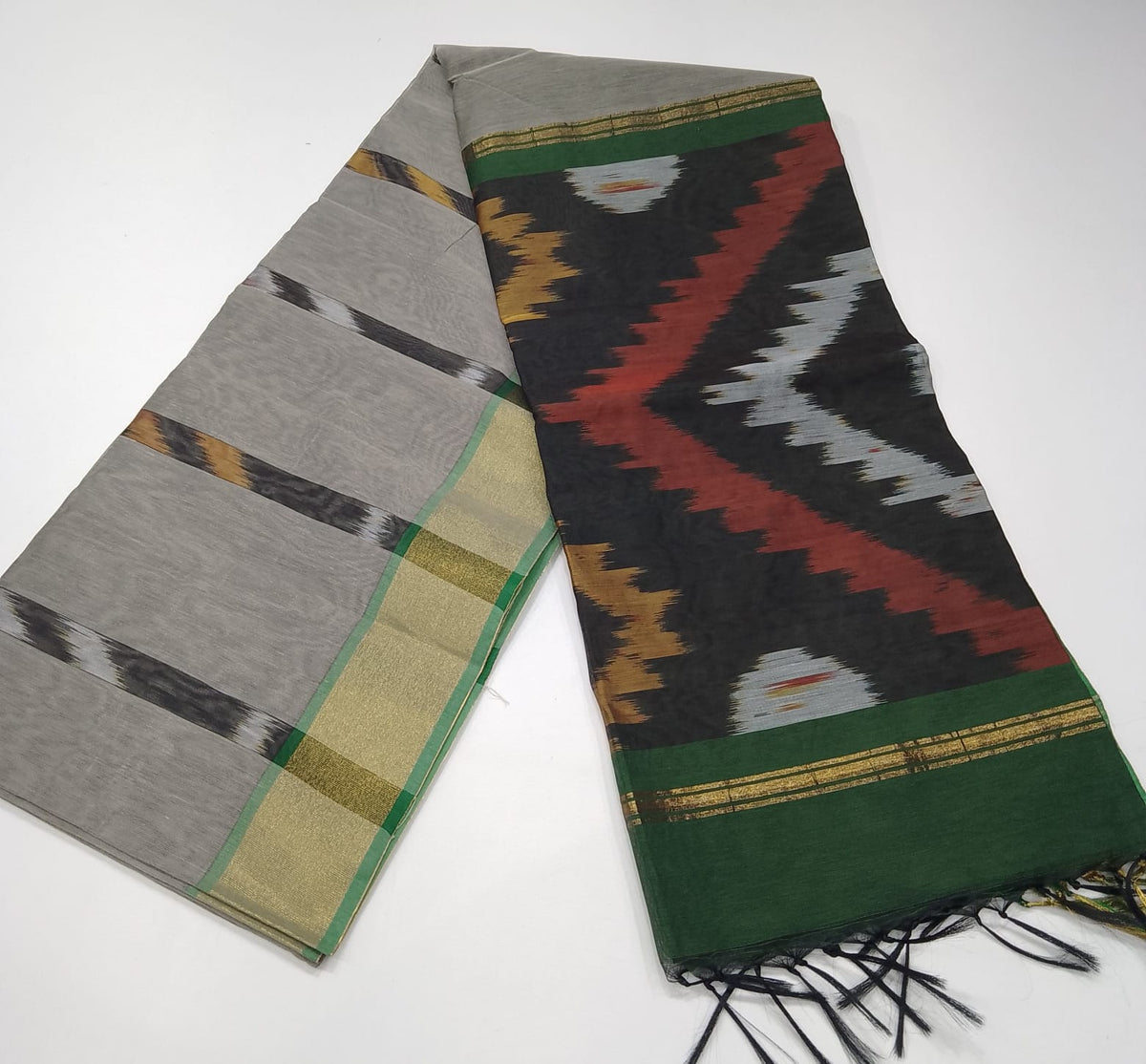 Stone Grey with Deep Green Cotton Silk Pochampally Saree with Charcoal Ikat Pallu