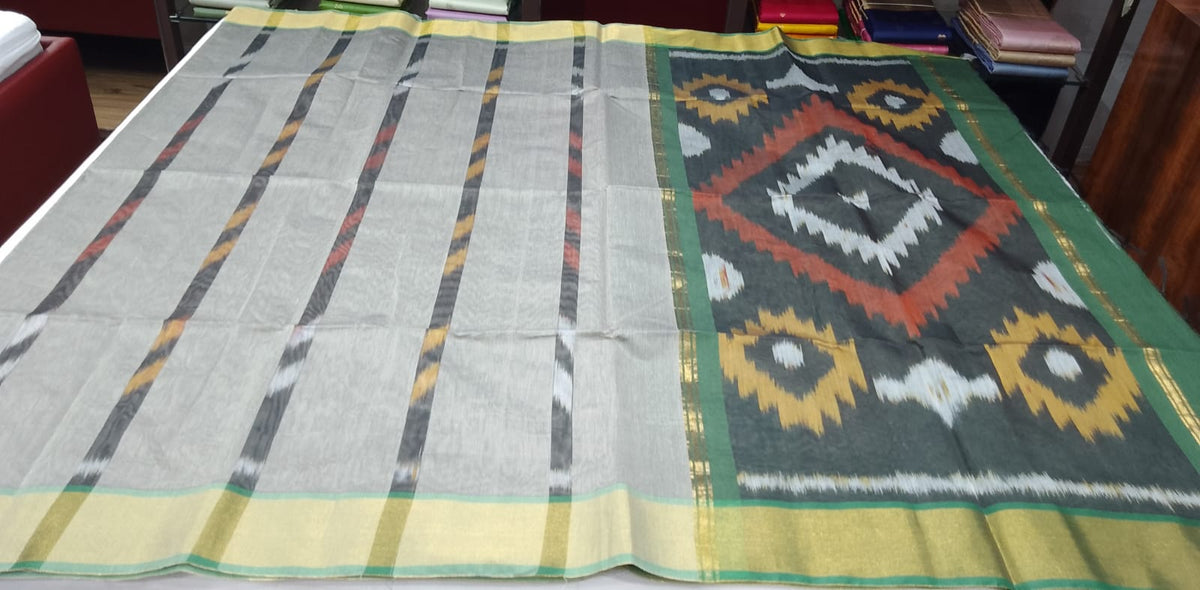 Stone Grey with Deep Green Cotton Silk Pochampally Saree with Charcoal Ikat Pallu