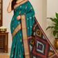 Deep Teal Green Cotton Silk Pochampally Saree with Wine Ikat Pallu