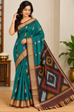 Deep Teal Green Cotton Silk Pochampally Saree with Wine Ikat Pallu
