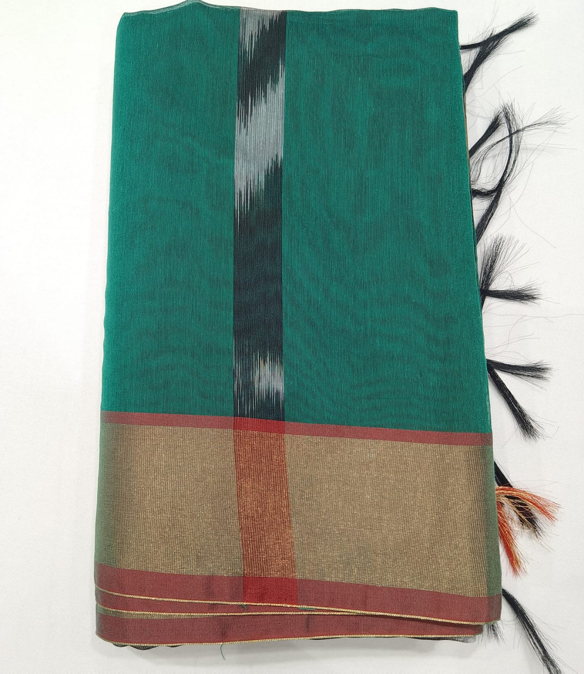 Deep Teal Green Cotton Silk Pochampally Saree with Wine Ikat Pallu