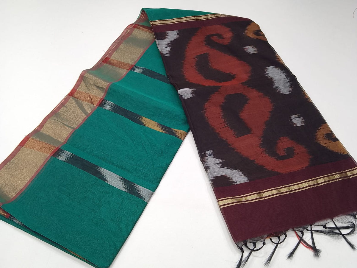 Deep Teal Green Cotton Silk Pochampally Saree with Wine Ikat Pallu