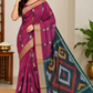Deep Berry Pink Cotton Silk Pochampally Saree with Charcoal Teal Ikat Pallu