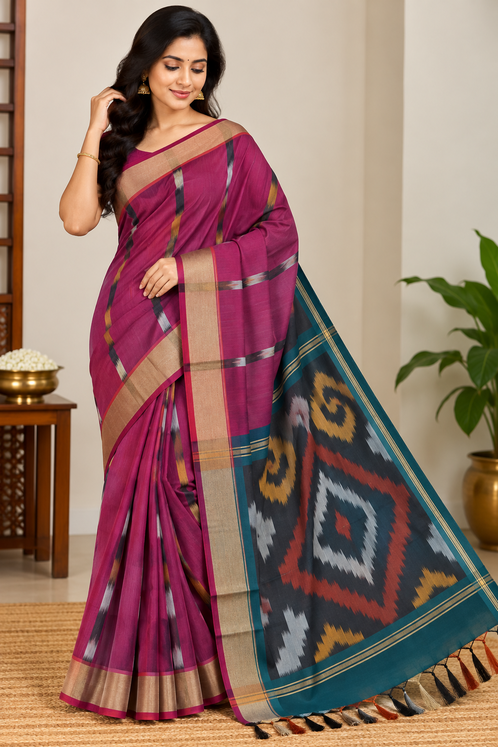 Deep Berry Pink Cotton Silk Pochampally Saree with Charcoal Teal Ikat Pallu