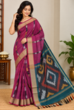 Deep Berry Pink Cotton Silk Pochampally Saree with Charcoal Teal Ikat Pallu