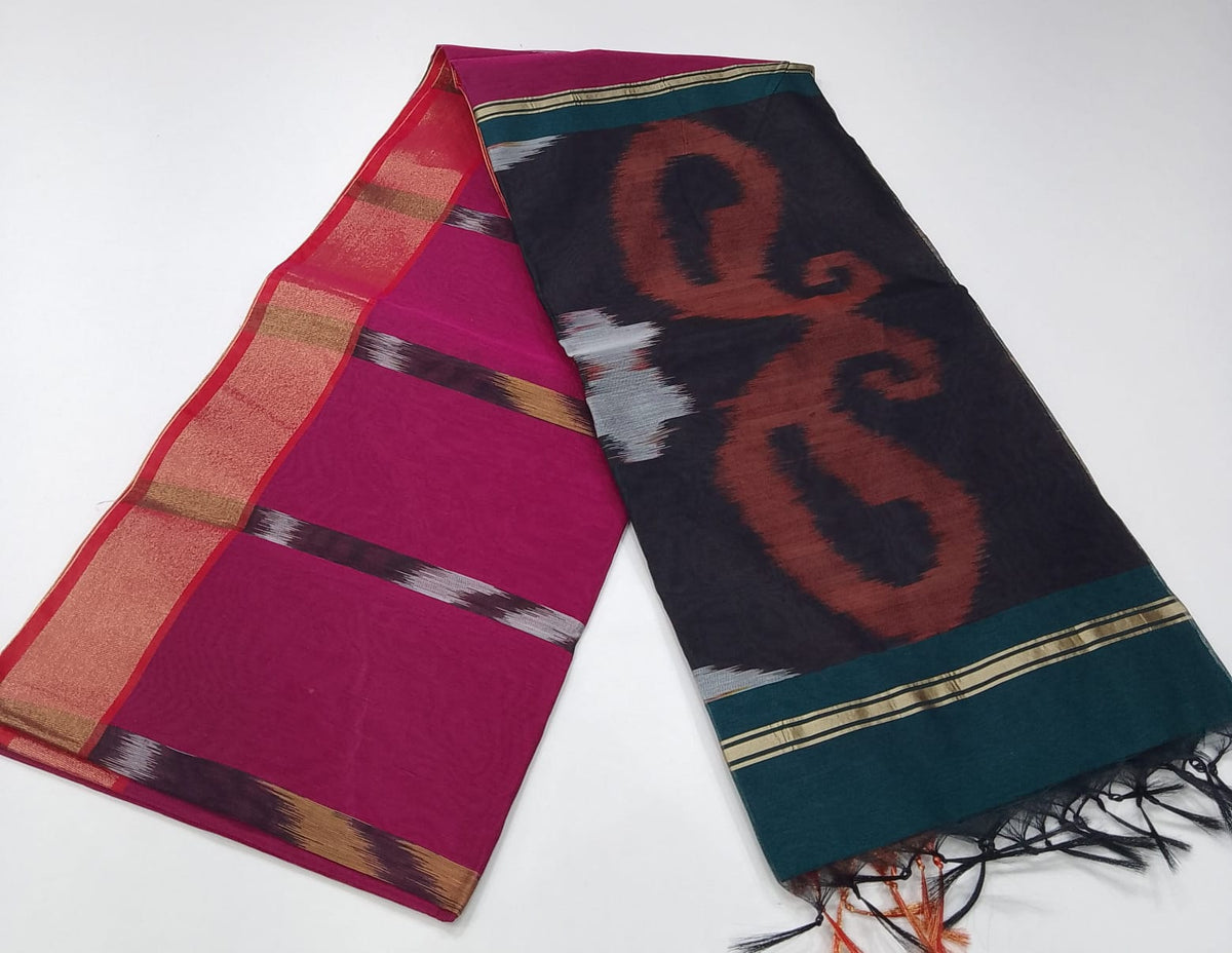 Deep Berry Pink Cotton Silk Pochampally Saree with Charcoal Teal Ikat Pallu