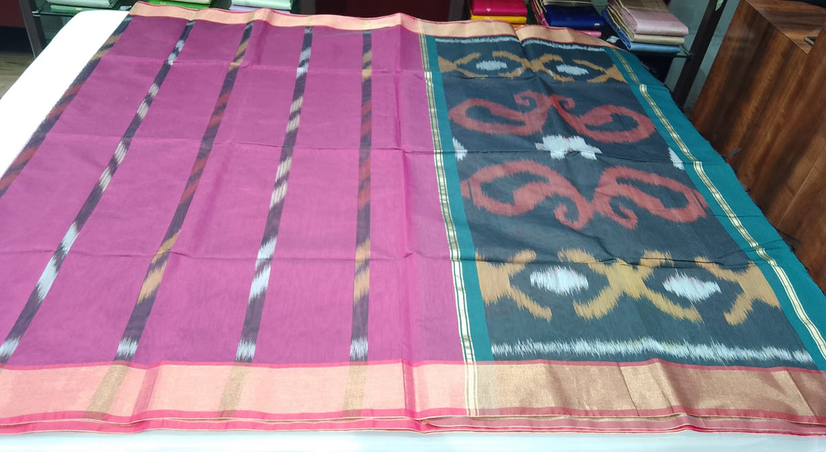 Deep Berry Pink Cotton Silk Pochampally Saree with Charcoal Teal Ikat Pallu