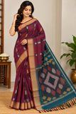 Cotton Silk Pochampally Wine Maroon & Teal Blue Ikat Saree