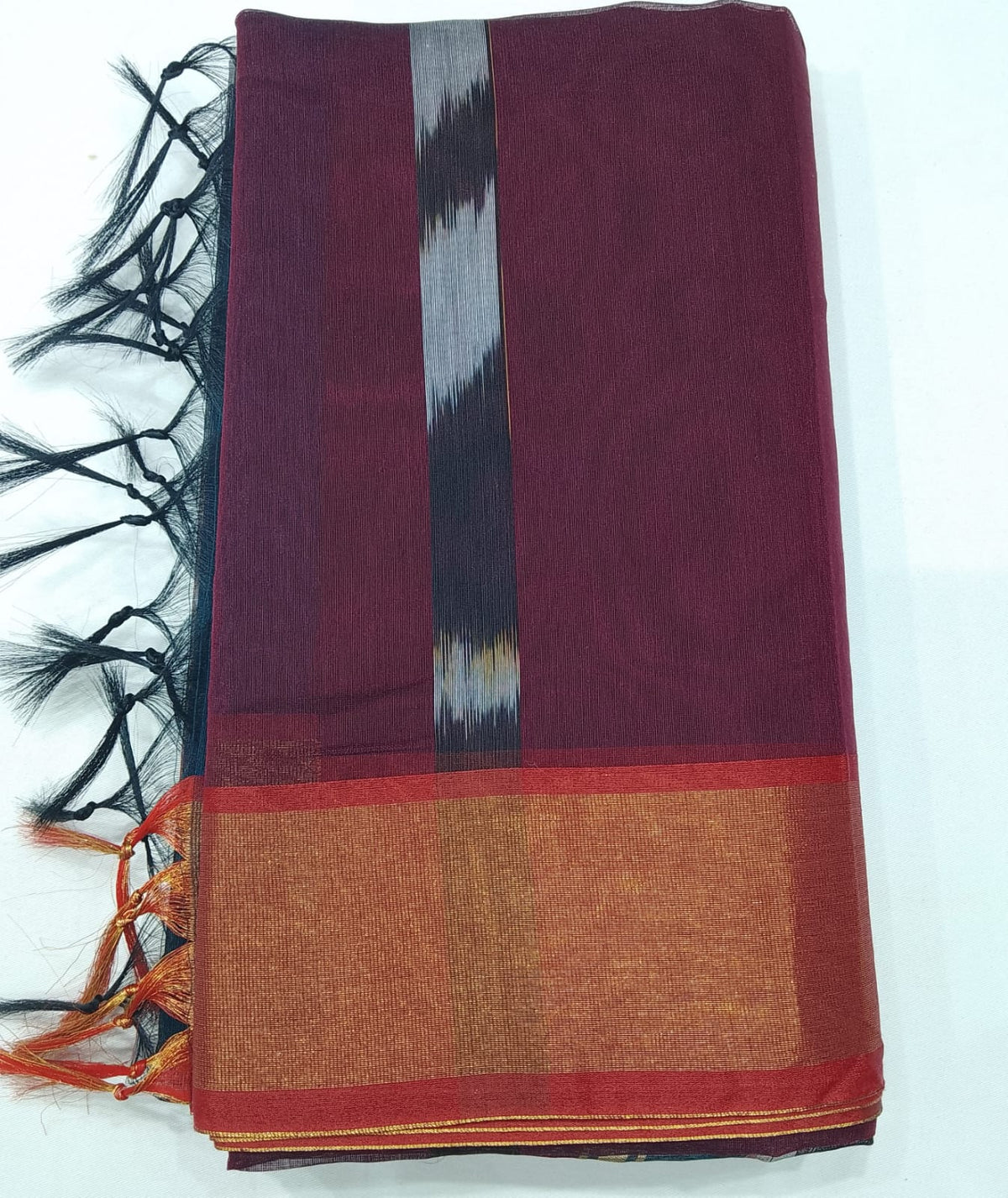 Cotton Silk Pochampally Wine Maroon & Teal Blue Ikat Saree